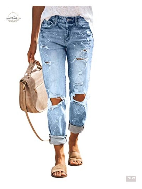 Denim - Ripped Mid Waisted Boyfriend Jeans Loose Fit Distressed Stretchy Denim Pants